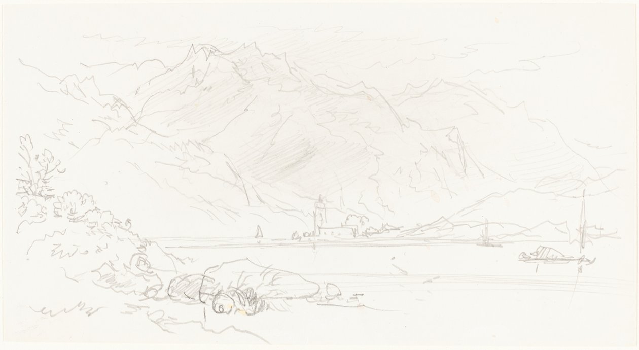 Lago en un paisaje montañoso de Myles Birket Foster
