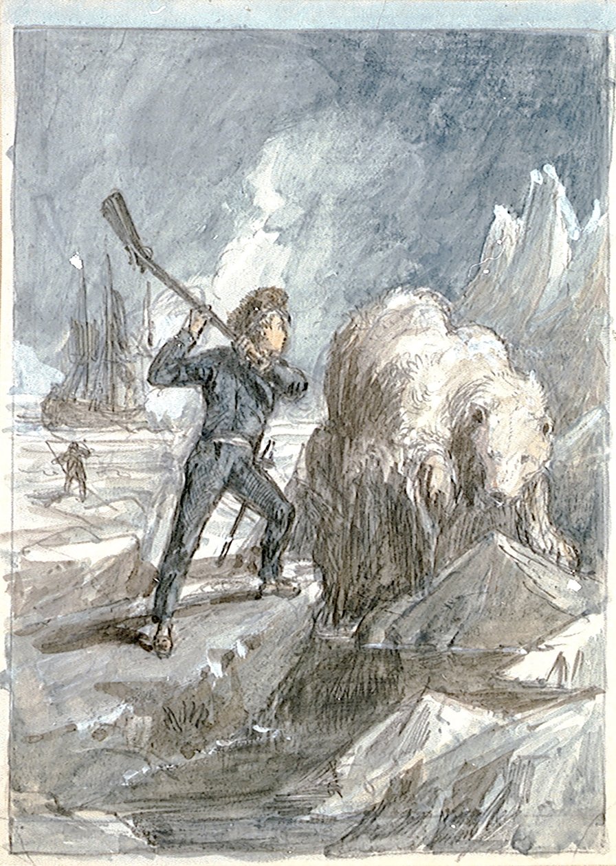 Nelson encontrando un oso, c.1854 (aguada gris, realzada con blanco, acuarela, grafito) de Myles Birket Foster