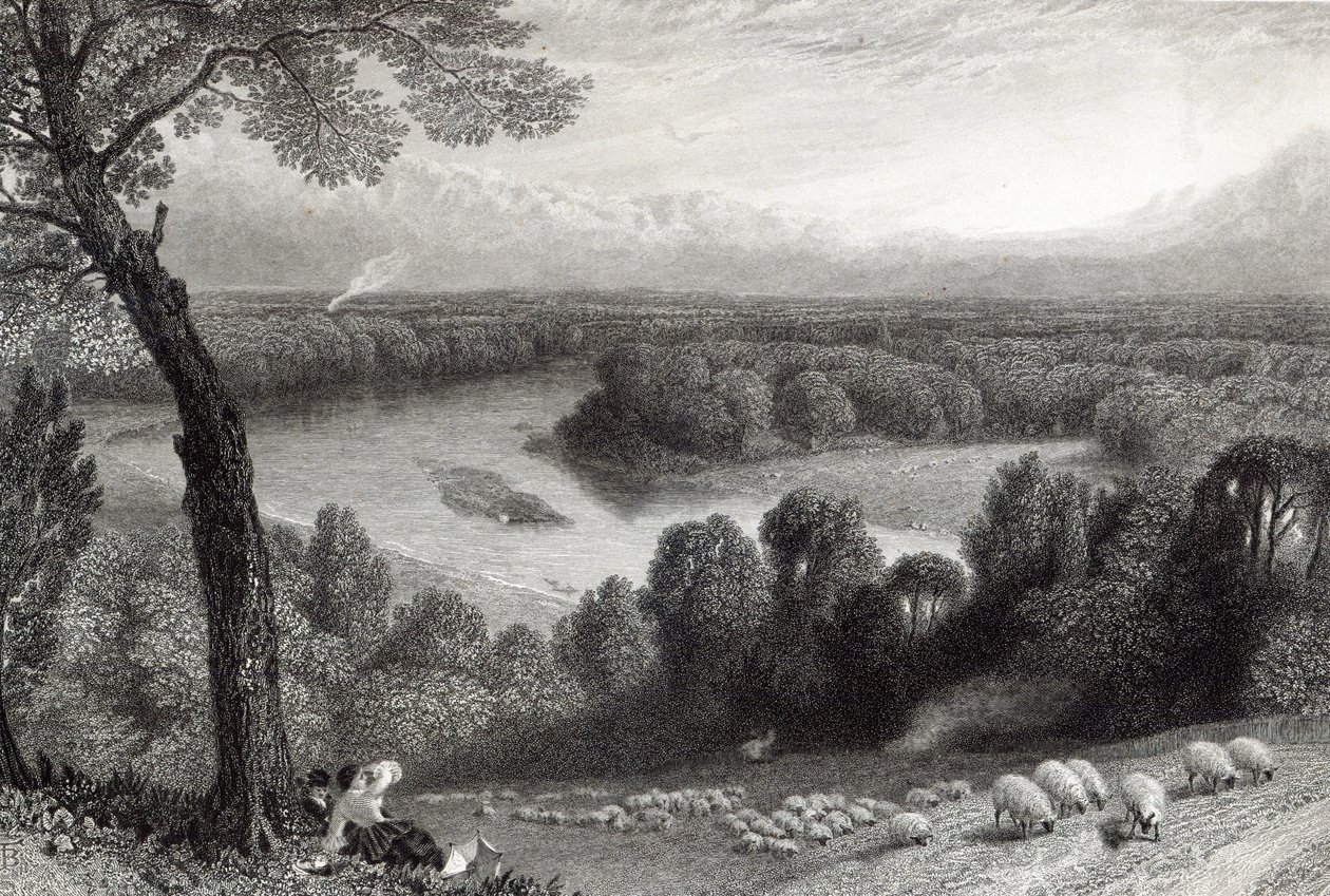 El Támesis desde Richmond Hill, grabado por J. Saddler, impreso por Cassell, Petter y Galvin de Myles Birket Foster