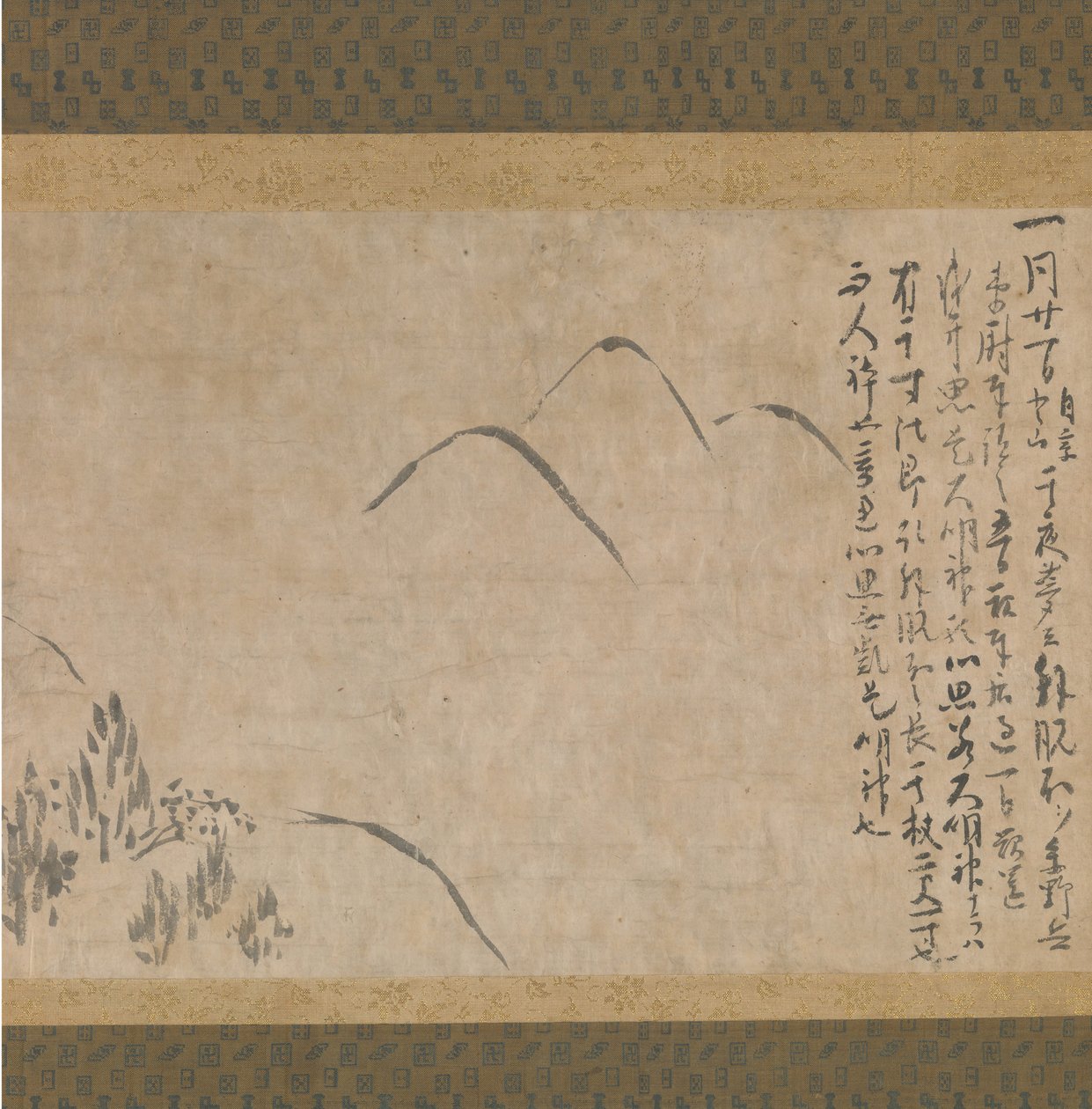 Sección del diario de sueños Yume no ki con un boceto de montañas de Myoe Koben