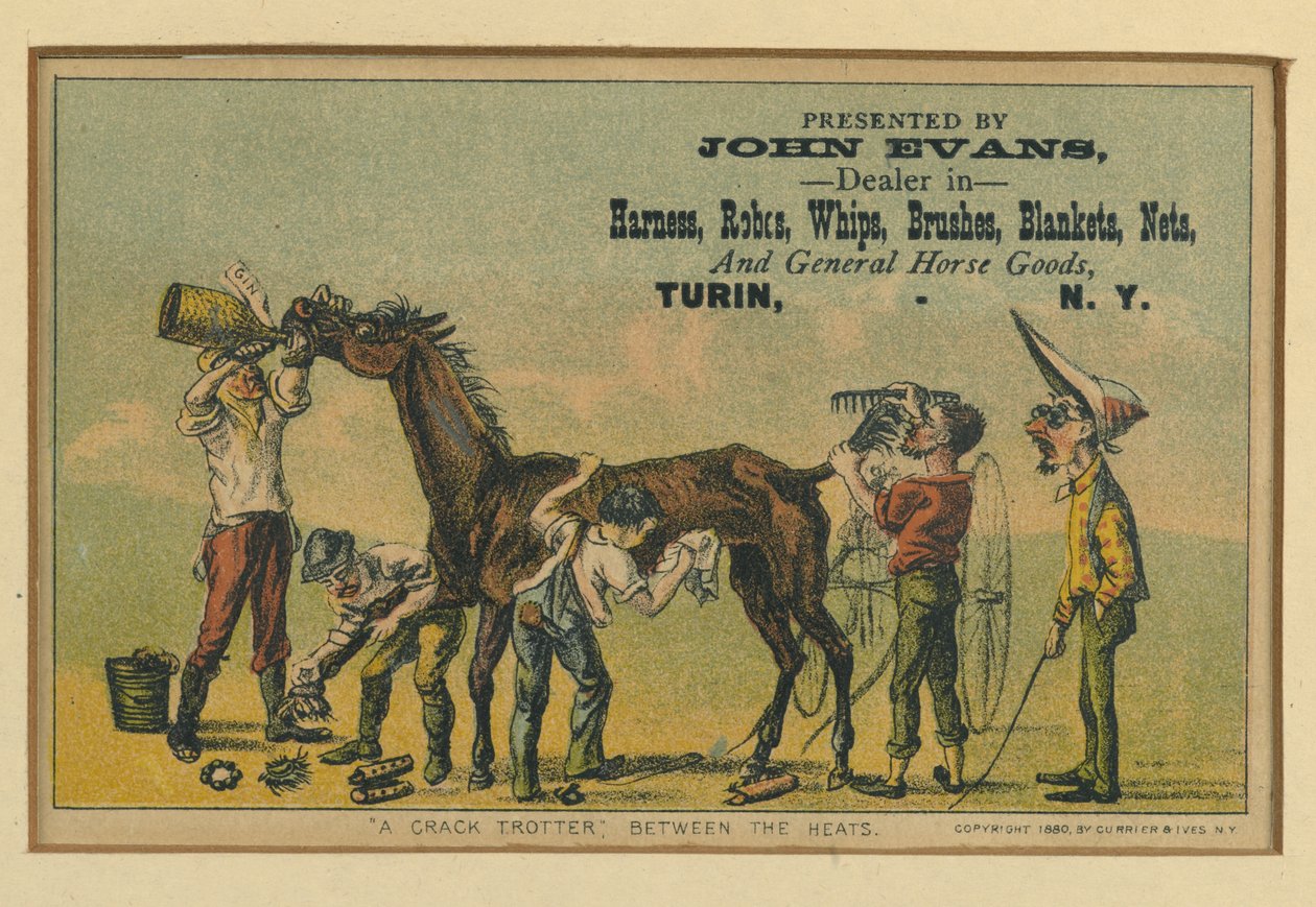 Un trotador crack entre las carreras, 1880 de N. and Ives, J.M. Currier