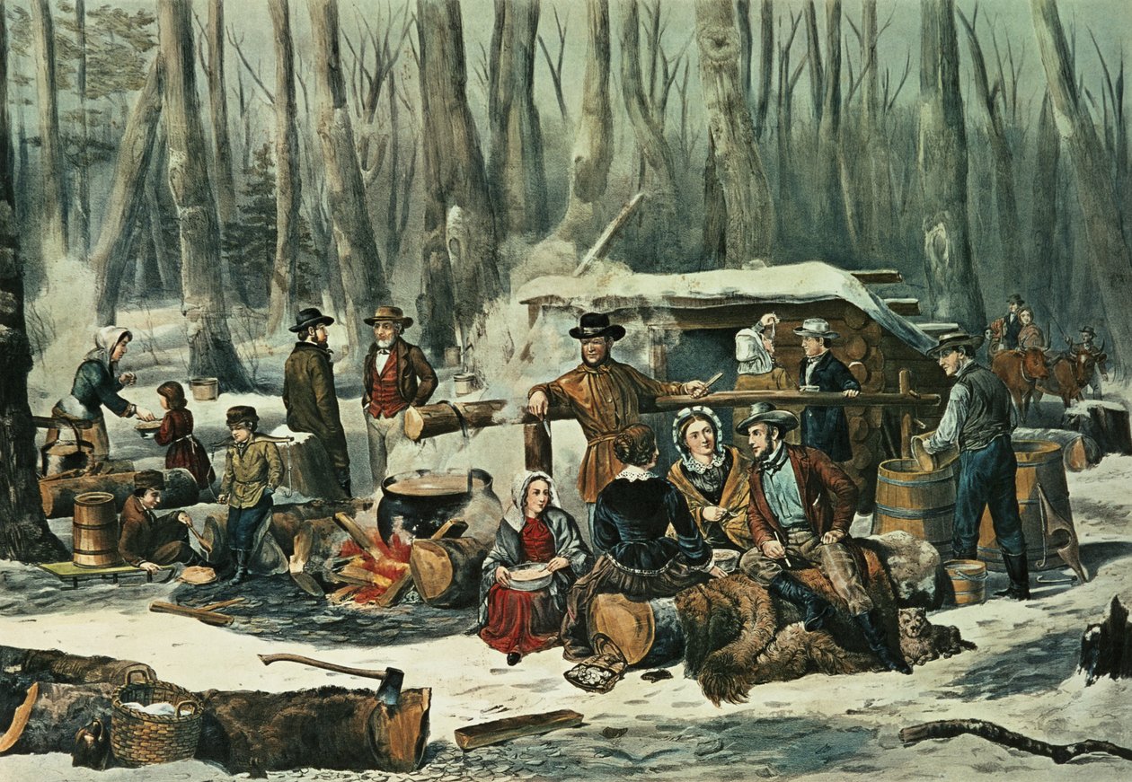 Escena del bosque americano - Recolección de jarabe de arce, 1856 de N. and Ives, J.M. Currier