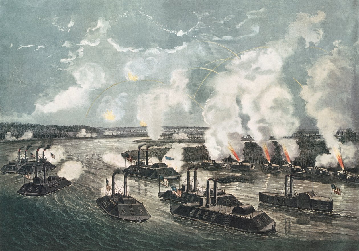 Bombardeo y captura de la Isla No.10 en el río Mississippi, 7 de abril de 1862 de N. and Ives, J.M. Currier