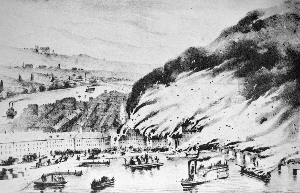 Gran conflagración en Pittsburgh, PA de N. and Ives, J.M. Currier