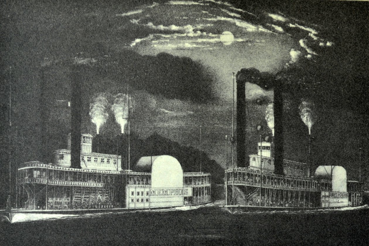 Ilustración de Currier & Ives del Siglo XIX. Carrera de Medianoche en el Mississippi de N. and Ives, J.M. Currier
