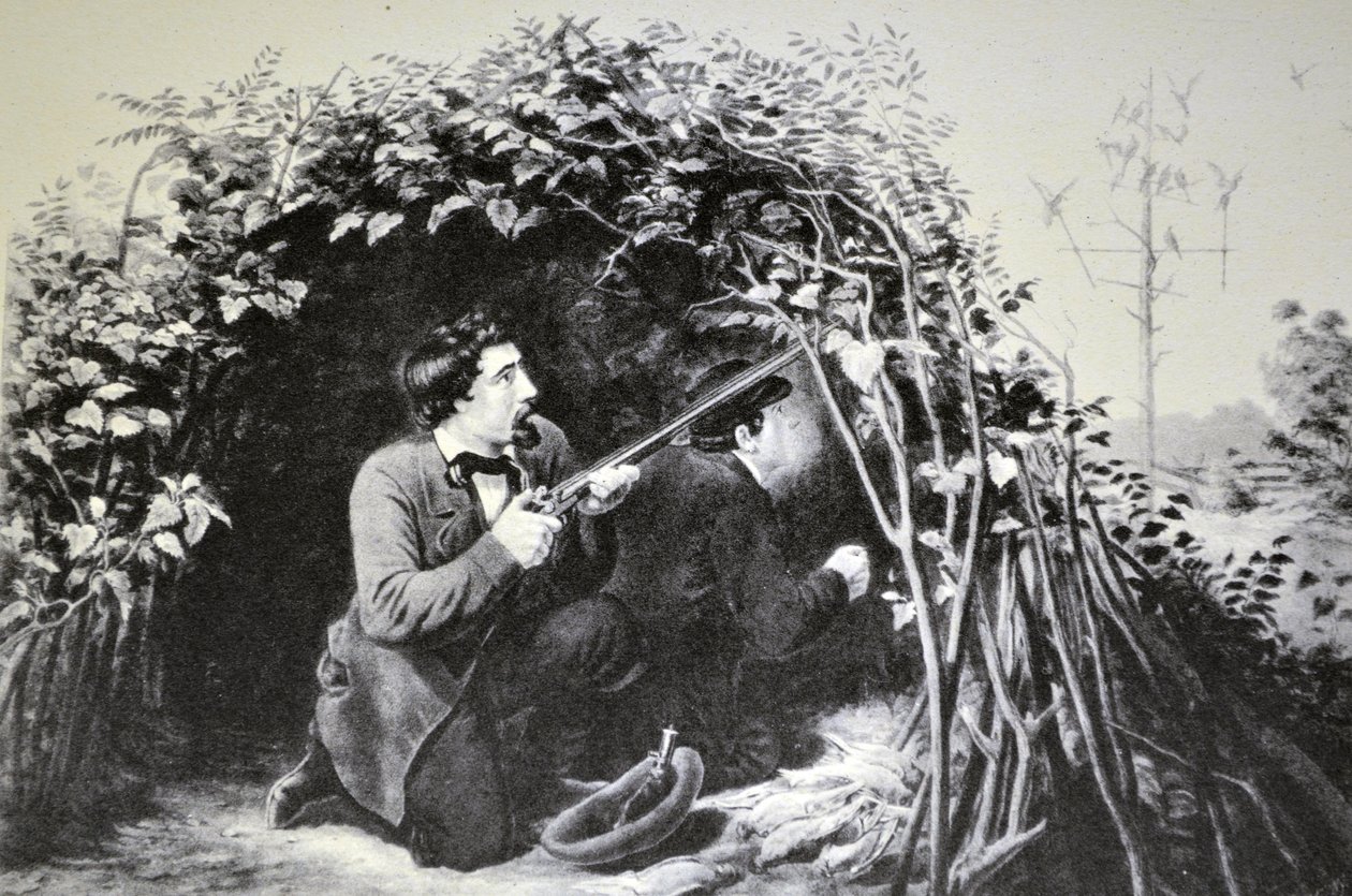 Ilustración de Currier & Ives del Siglo XIX. Tiro de Palomas, Jugando al Señuelo de N. and Ives, J.M. Currier