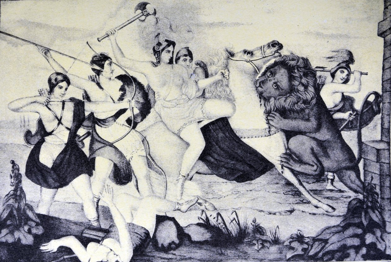 La reina de las Amazonas atacada por un león de N. and Ives, J.M. Currier