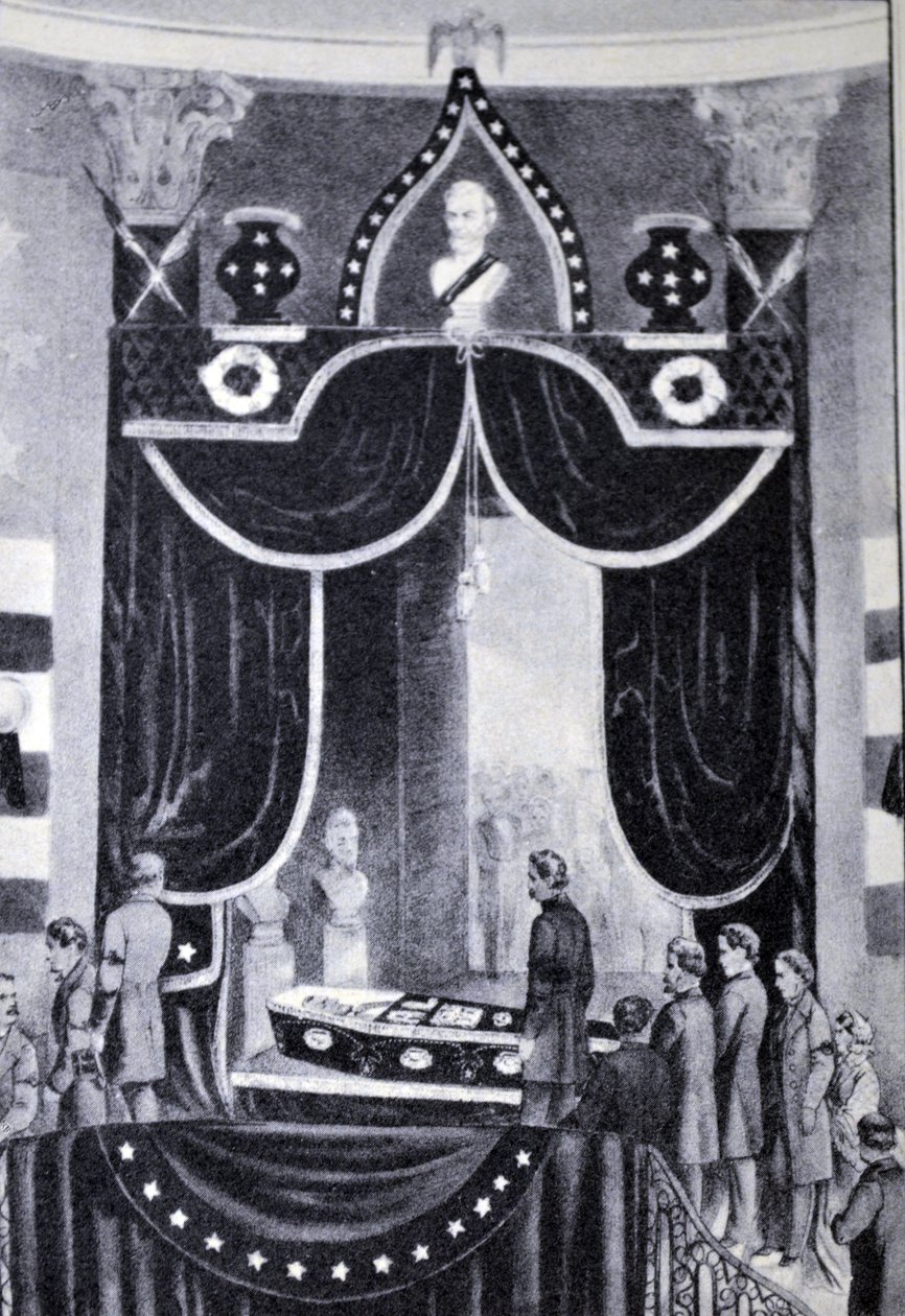 Ilustración de Currier & Ives del Siglo XIX. El Cuerpo del Presidente Mártir, Abraham Lincoln de N. and Ives, J.M. Currier
