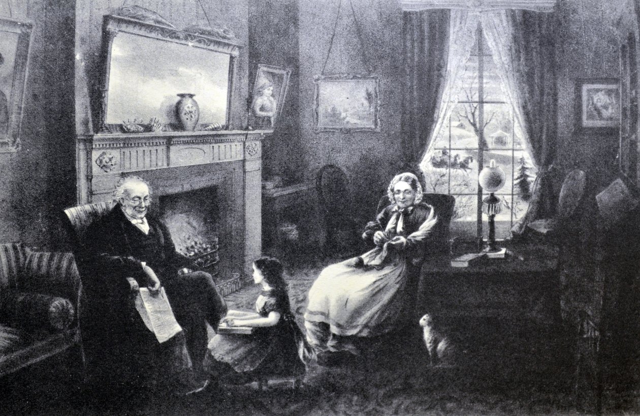 Ilustración de Currier & Ives del Siglo XIX. Las Cuatro Estaciones de la Vida: Vejez, La Estación del Descanso de N. and Ives, J.M. Currier