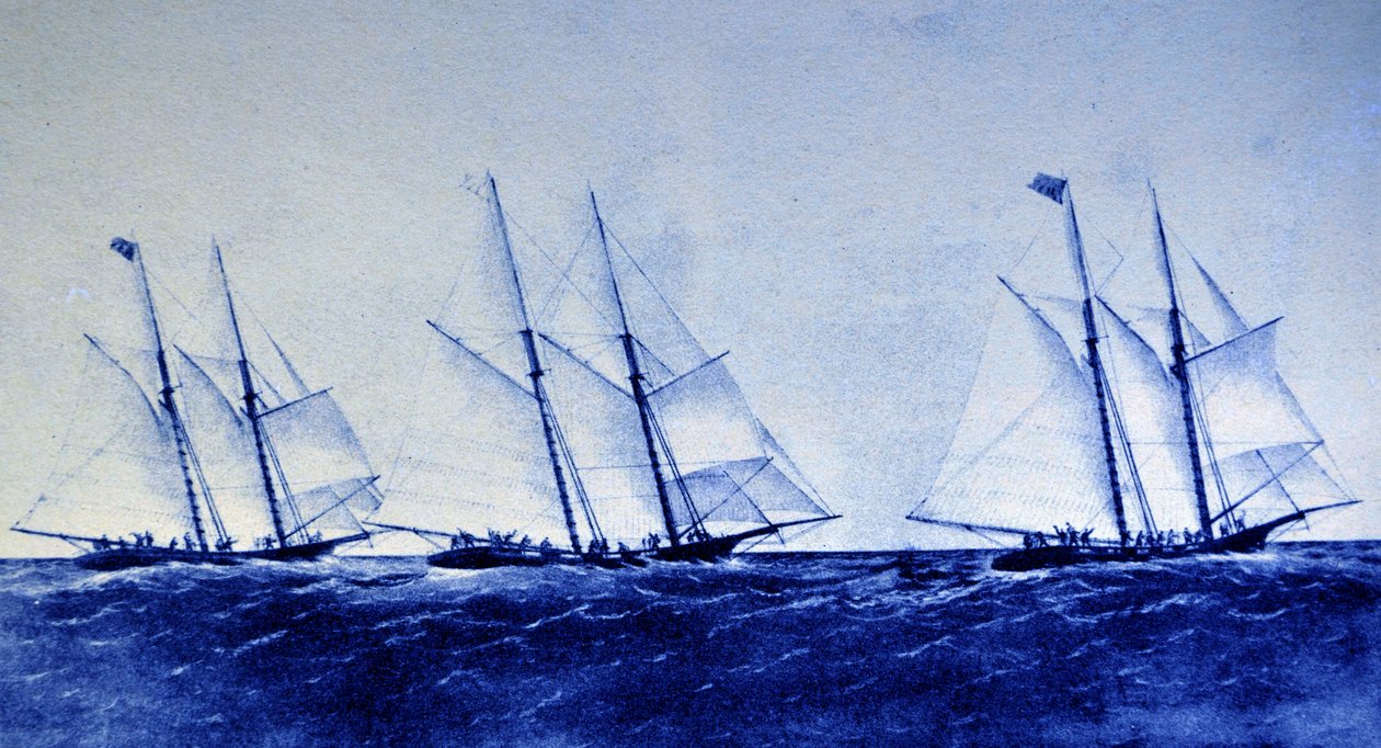 La gran carrera de yates oceánicos entre el Henrietta, Fleetwing y Vesta de N. and Ives, J.M. Currier