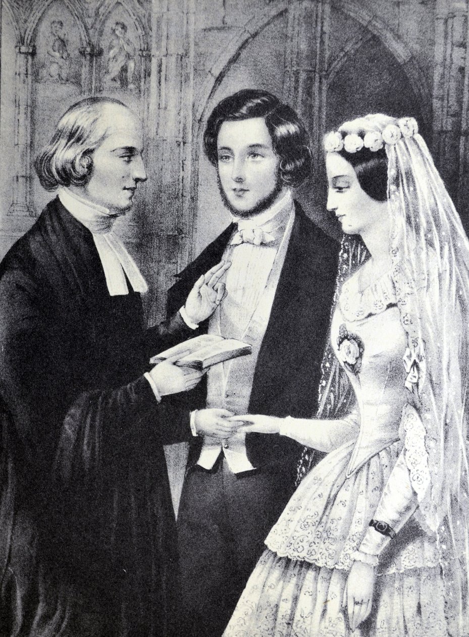 Ilustración de Currier & Ives del Siglo XIX. El Matrimonio de N. and Ives, J.M. Currier