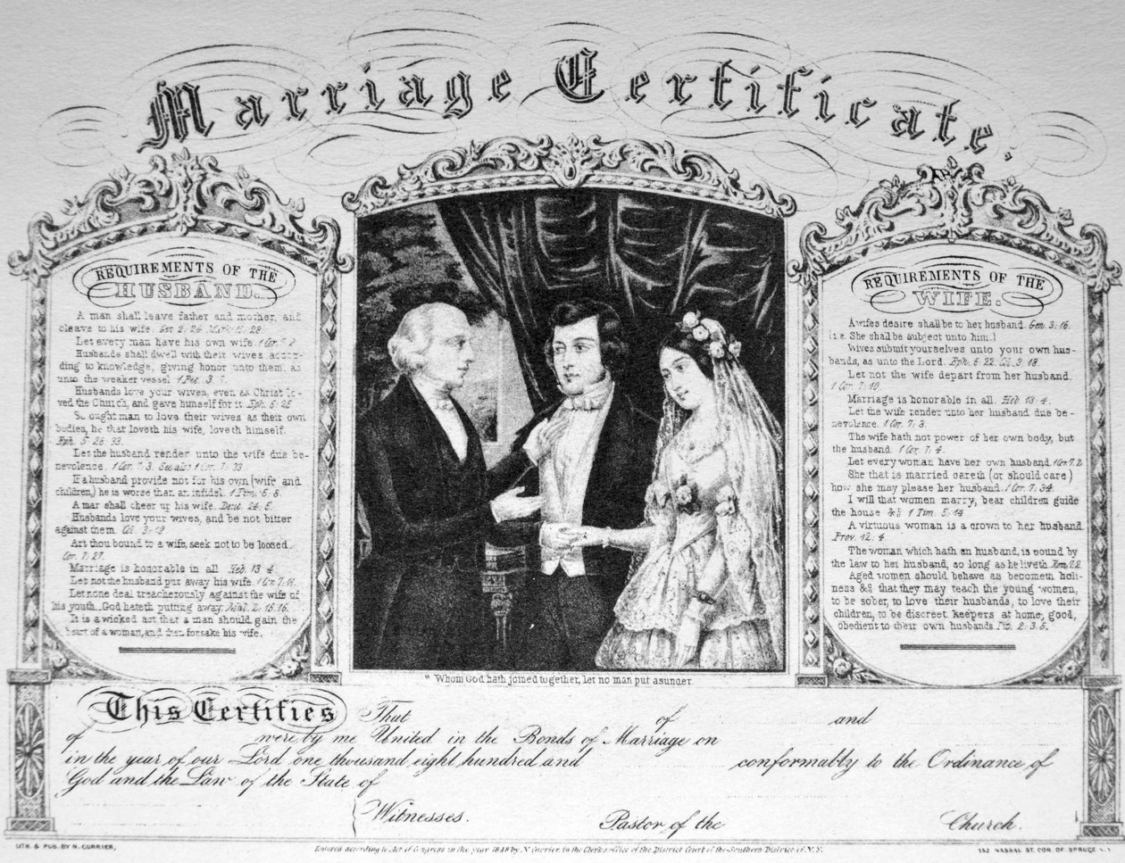 El certificado de matrimonio de N. and Ives, J.M. Currier