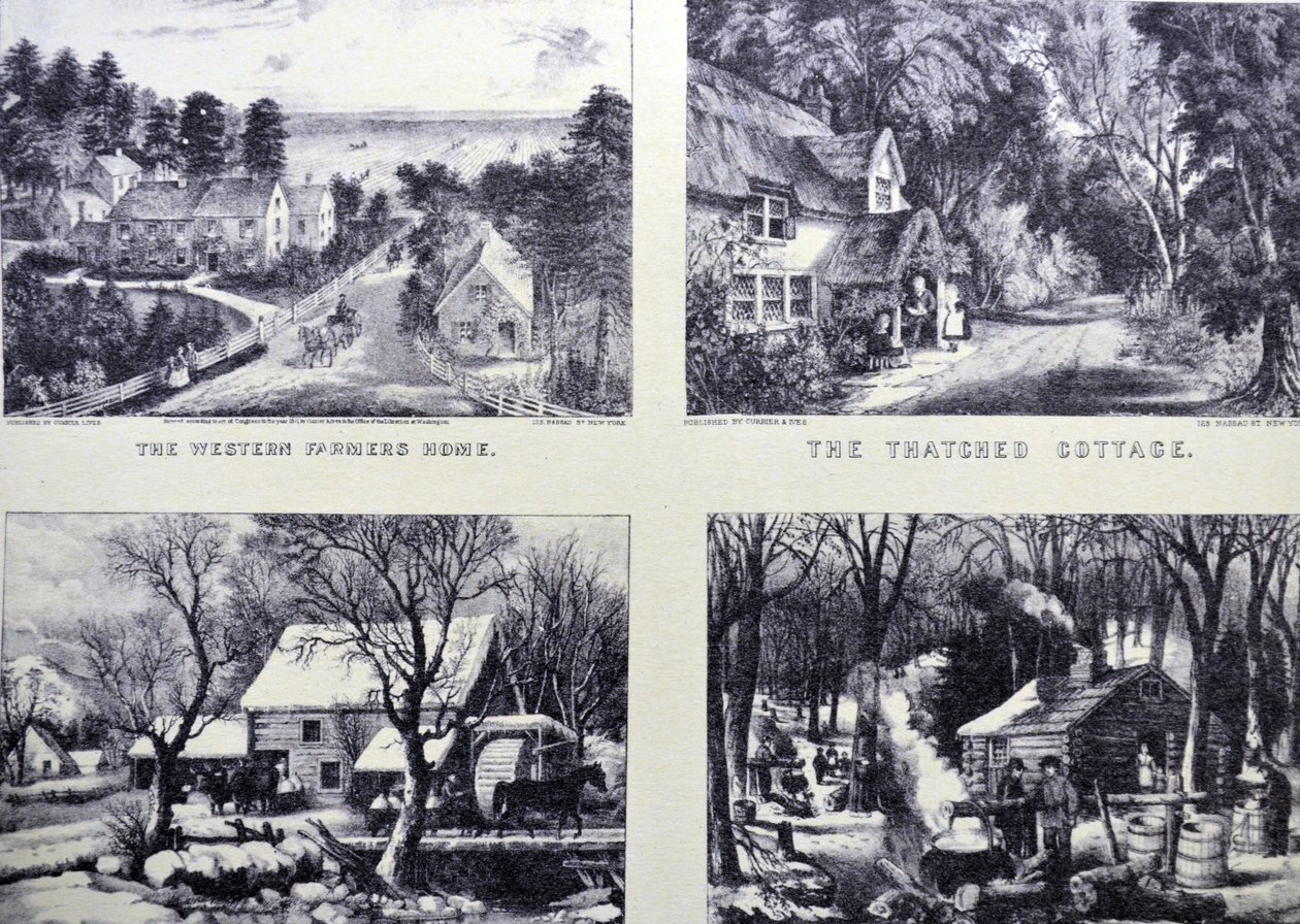 El hogar del granjero occidental; La cabaña de paja; Congelado; Azucarando el arce, principios de primavera en el bosque del norte de N. and Ives, J.M. Currier