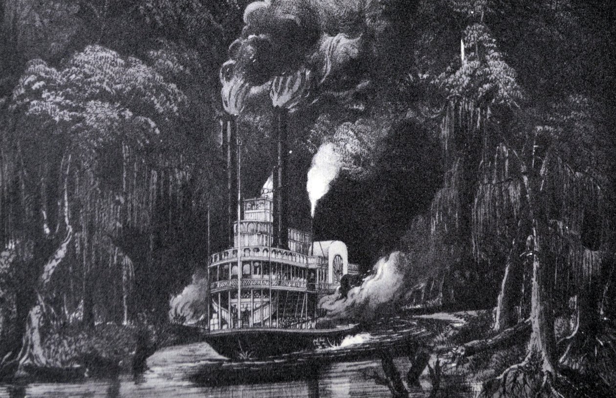 Ilustración de Currier & Ives del Siglo XIX. A Través del Pantano a la Luz de la Antorcha de N. and Ives, J.M. Currier