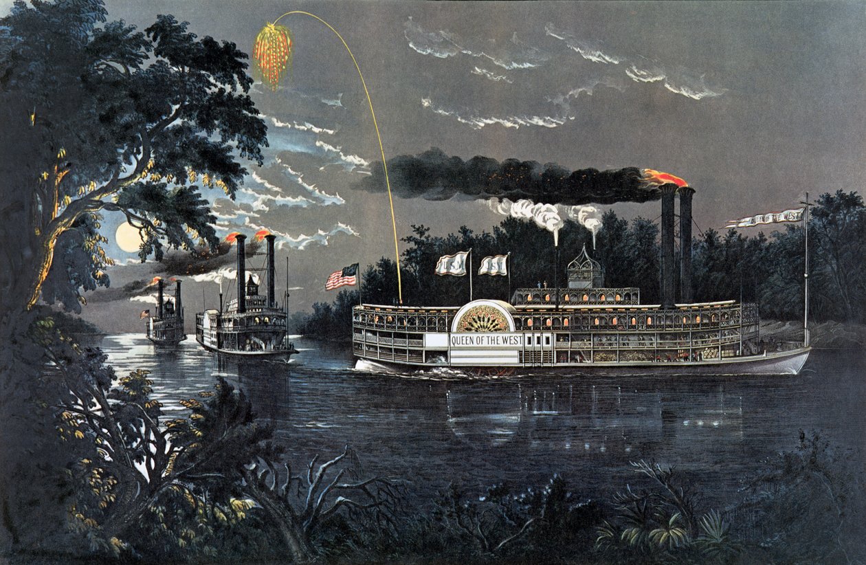 RL 27835 Girando una Curva en el Mississippi Steamboat Queen of the West de N. and Ives, J.M. Currier