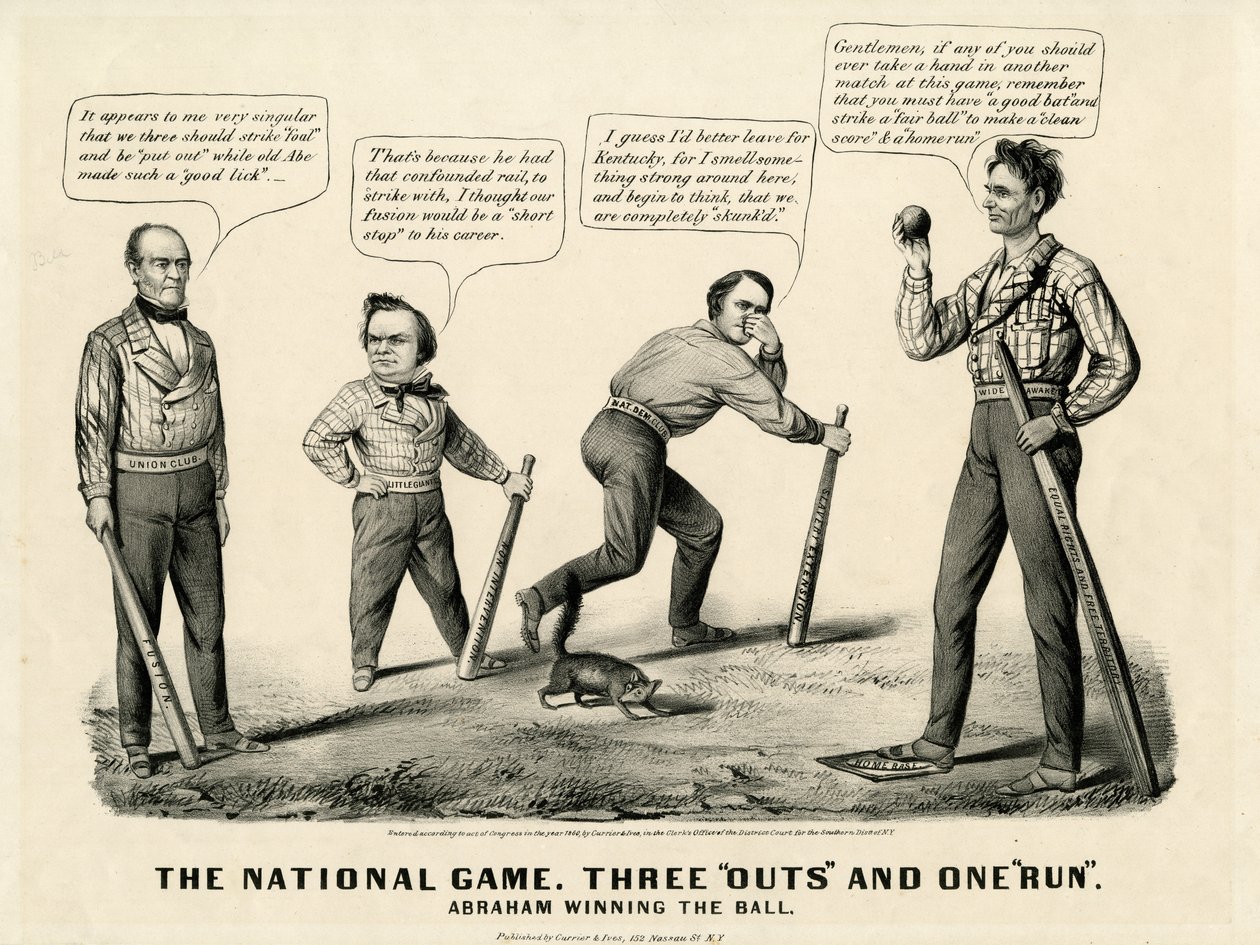 El juego nacional: Tres outs y una carrera, Abraham ganando la pelota, 1860 de N. and Ives, J.M. Currier
