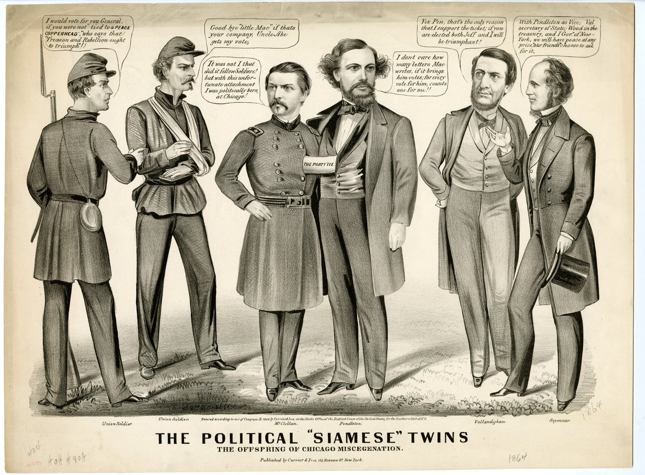 Los Gemelos Siameses Políticos, La Descendencia de la Mestización de Chicago, 1864 de N. and Ives, J.M. Currier