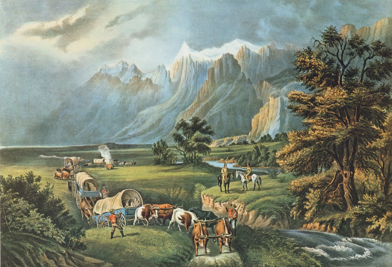 Las Montañas Rocosas: Emigrantes cruzando las llanuras, 1866 de N. and Ives, J.M. Currier