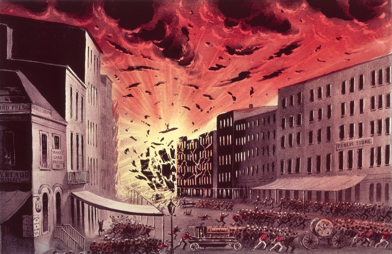 Vista de la terrible explosión en el gran incendio de Nueva York, 19 de julio de 1845 (impresión) de N. and Ives, J.M. Currier