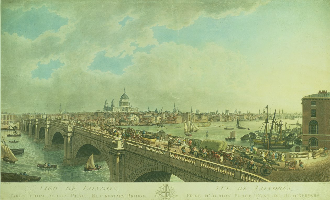 Vista de Londres tomada desde Albion Place, Blackfriars Bridge, grabado por Joseph Constantine Stadler, pub. 1802 de N.R. Black