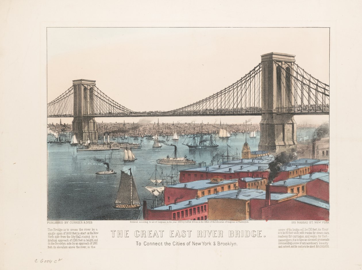 El gran puente del East River: para conectar las ciudades de Nueva York y Brooklyn, c.1872 de Nathaniel Currier