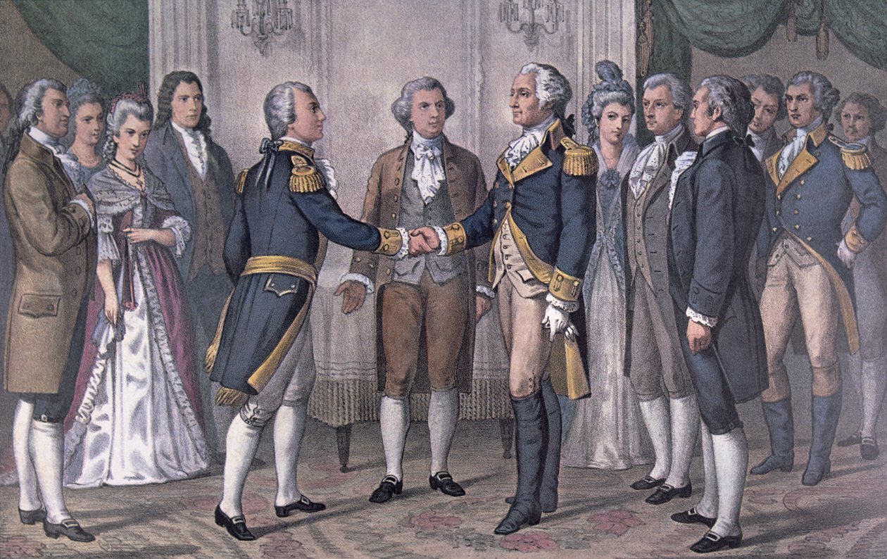 La Primera Reunión del General George Washington y el Marqués de La Fayette, Filadelfia, 3 de agosto de 1777, publicado en 1876 de N. and Ives J.M. (after) Currier
