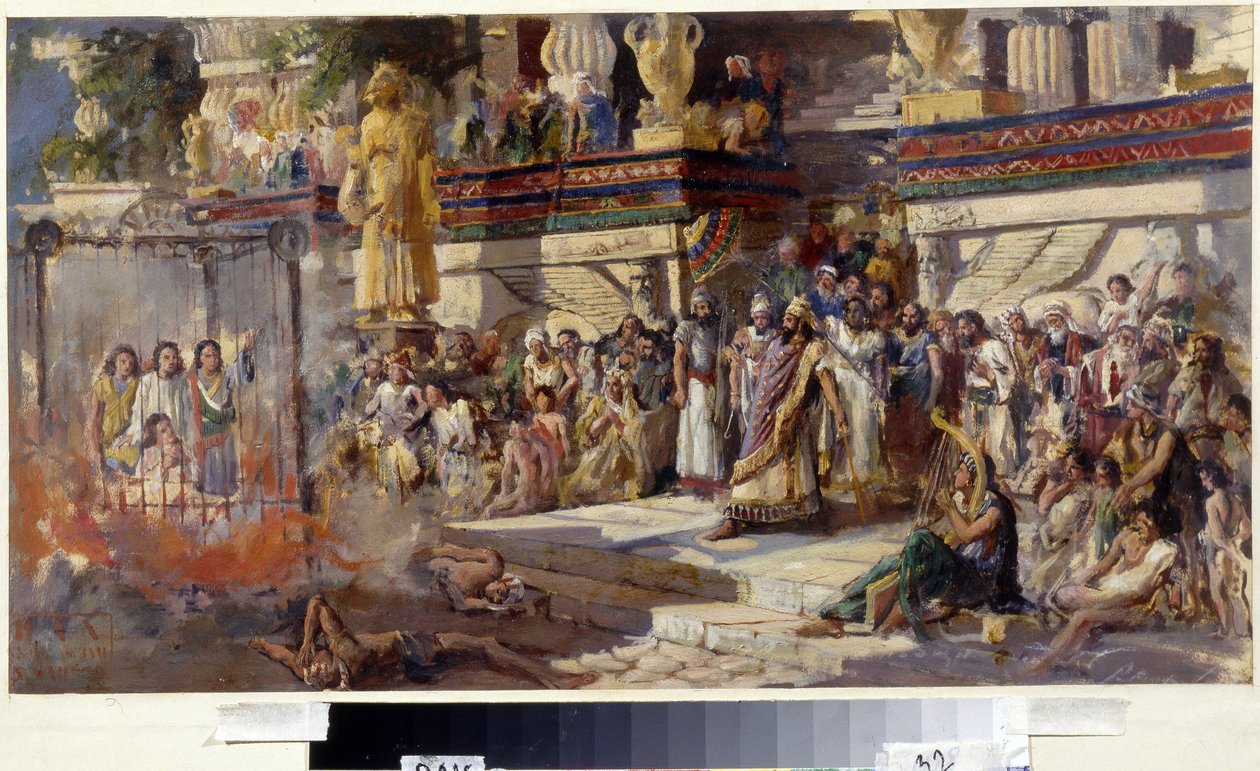 Los tres jóvenes en el horno de fuego. Nabucodonosor II, rey de Babilonia entre el 605 y el 562 a.C., hizo arrojar al fuego a los tres judíos que se negaron a inclinarse ante su estatua de oro. Mientras que el de N. T. Malyshev