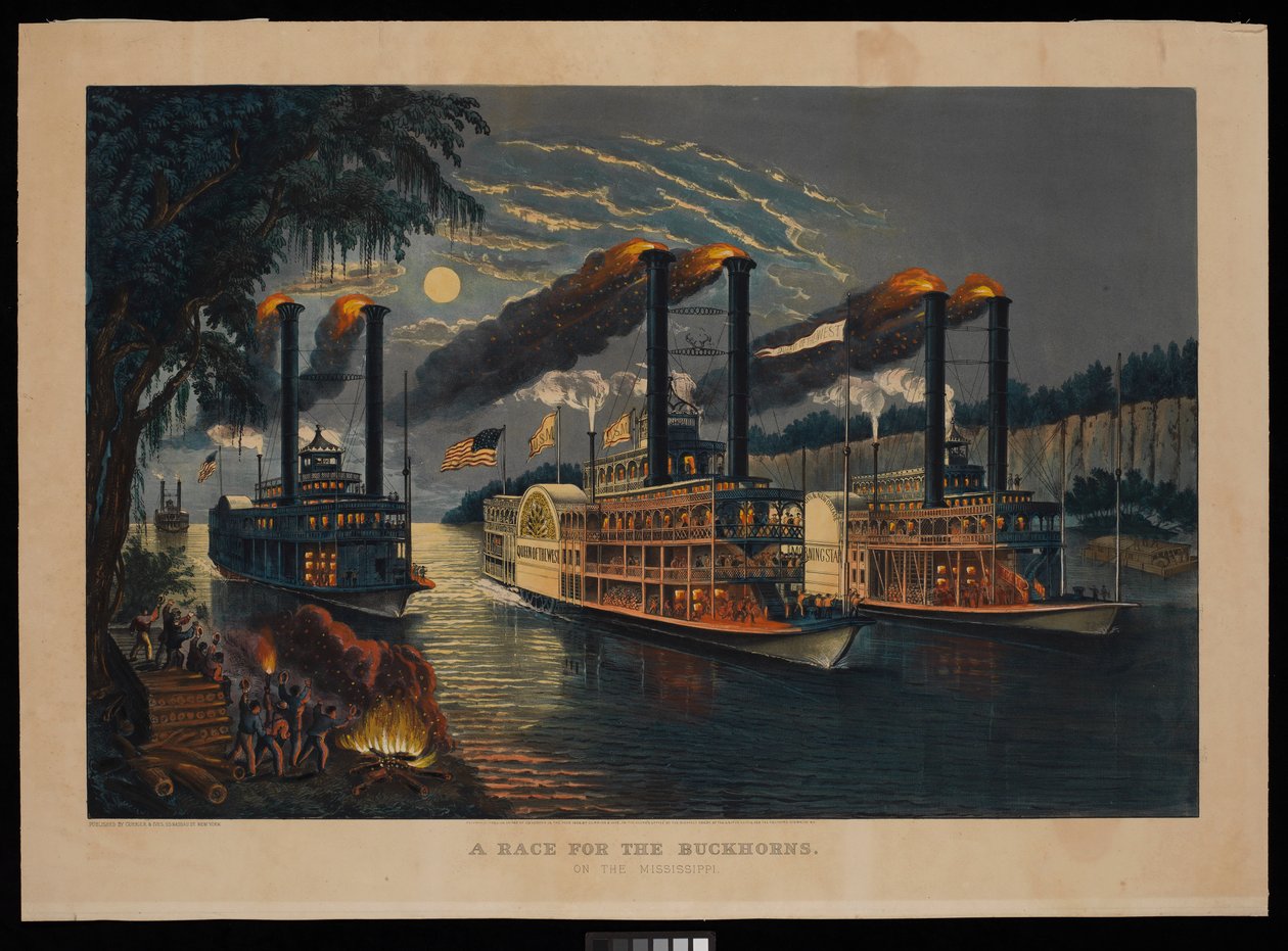 Una carrera por los Buckhorns en el Mississippi de N. and Ives J.M. (1824 95) Currier