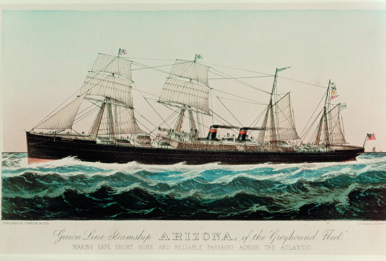 Guion Line Dampfschiff Arizona der Greyhound-Flotte, sichere, kurze, zuverlässige Atlantiküberquerungen von N. and Ives J.M. (1824-95) Currier