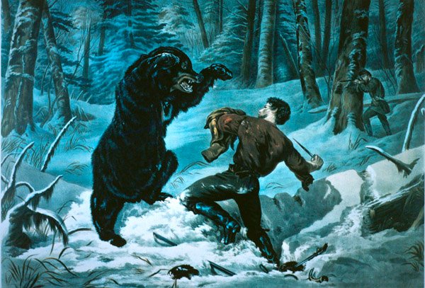 Vida en la frontera americana: Cazador en un aprieto de Currier and Ives