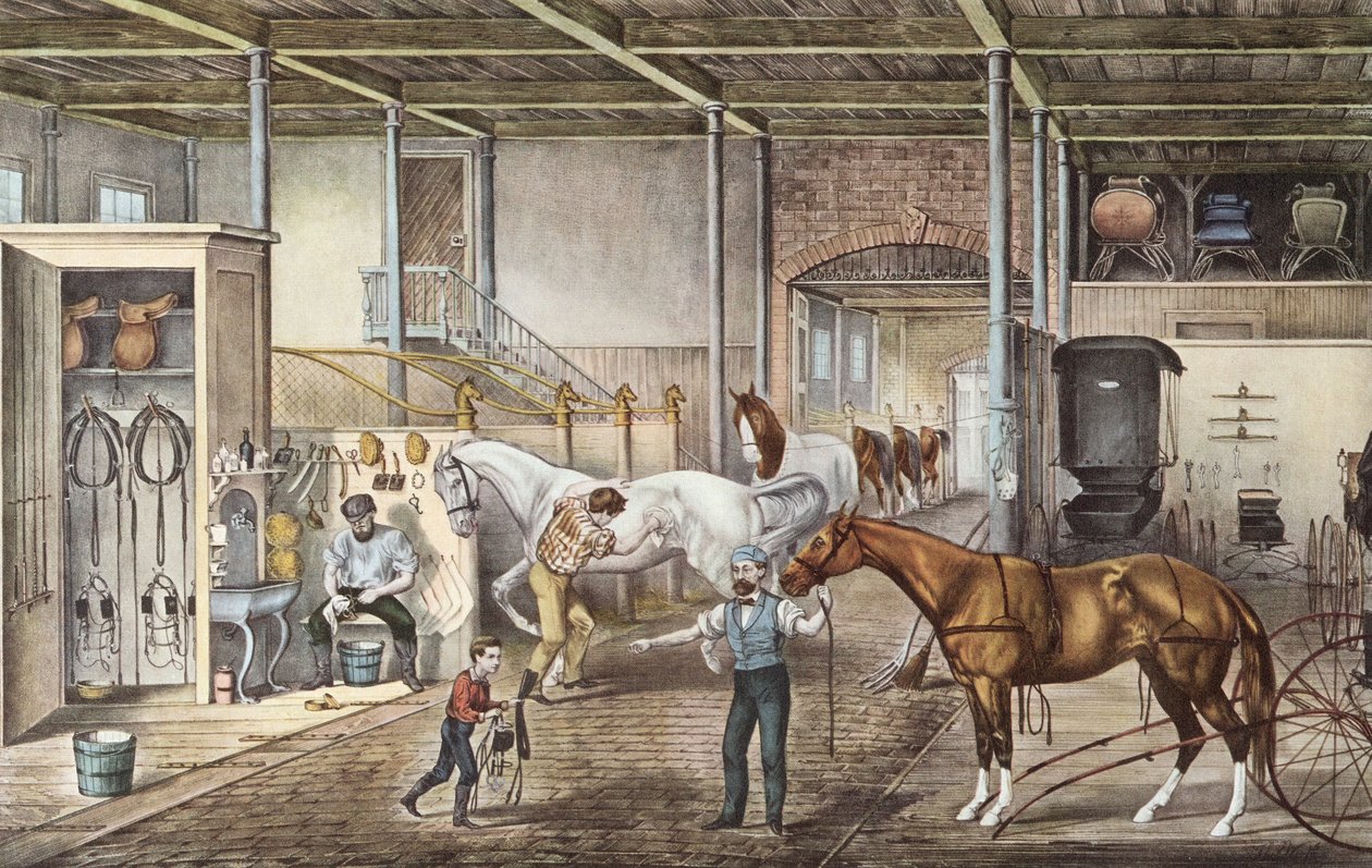 Modelo de establo donde los mozos y mozos de cuadra cuidan realmente de los caballos, grabado del libro "America" de Currier e Yves 1870 de N. and Ives J.M. (1824 95) Currier