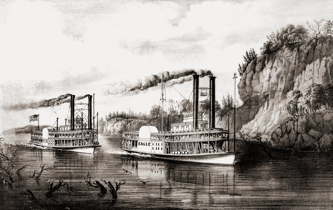 Barcos de vapor compitiendo en el río Mississippi, Estados Unidos. de N. and Ives J.M. Currier