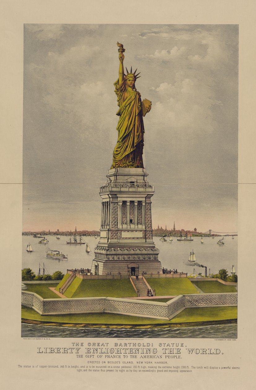 La gran estatua de Bartholdi, La Libertad iluminando el mundo, el regalo de Francia al pueblo estadounidense, c.1885 de Currier and Ives