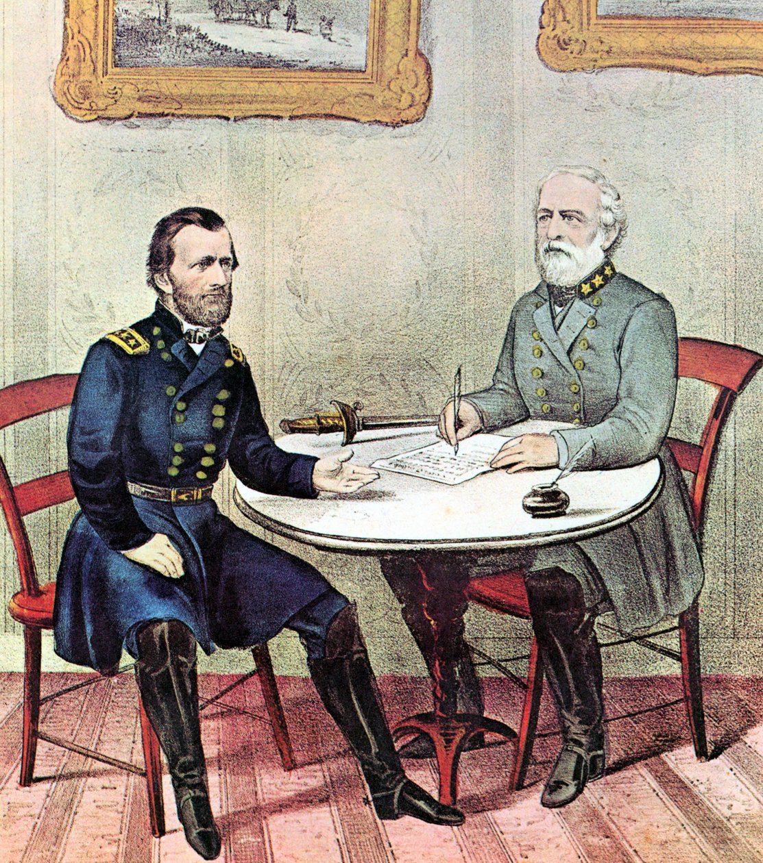 Guerra Civil Americana: Los generales Grant (izquierda) y Lee se reúnen el Domingo de Ramos de 1865 para acordar los términos de la rendición del Ejército del Norte de Virginia de Lee. de N. and Ives J.M. (1824 95) Currier