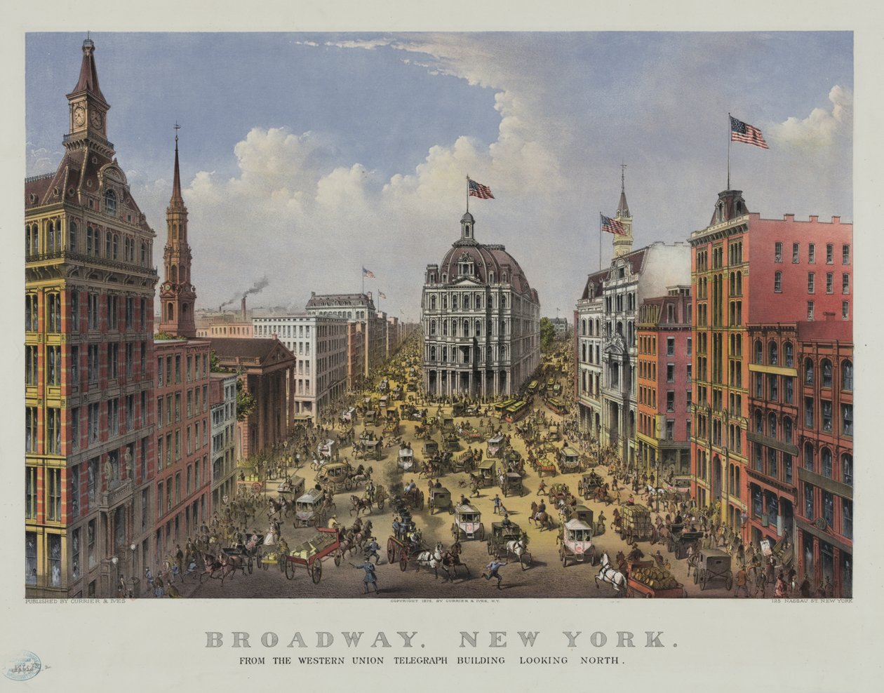 Broadway, Nueva York desde el edificio de Western Union Telegraph mirando al norte de Currier and Ives