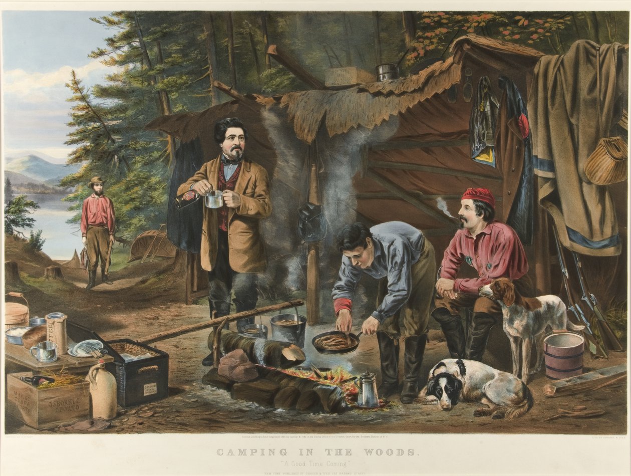 Acampando en el bosque "Un buen tiempo por venir" de Currier and Ives