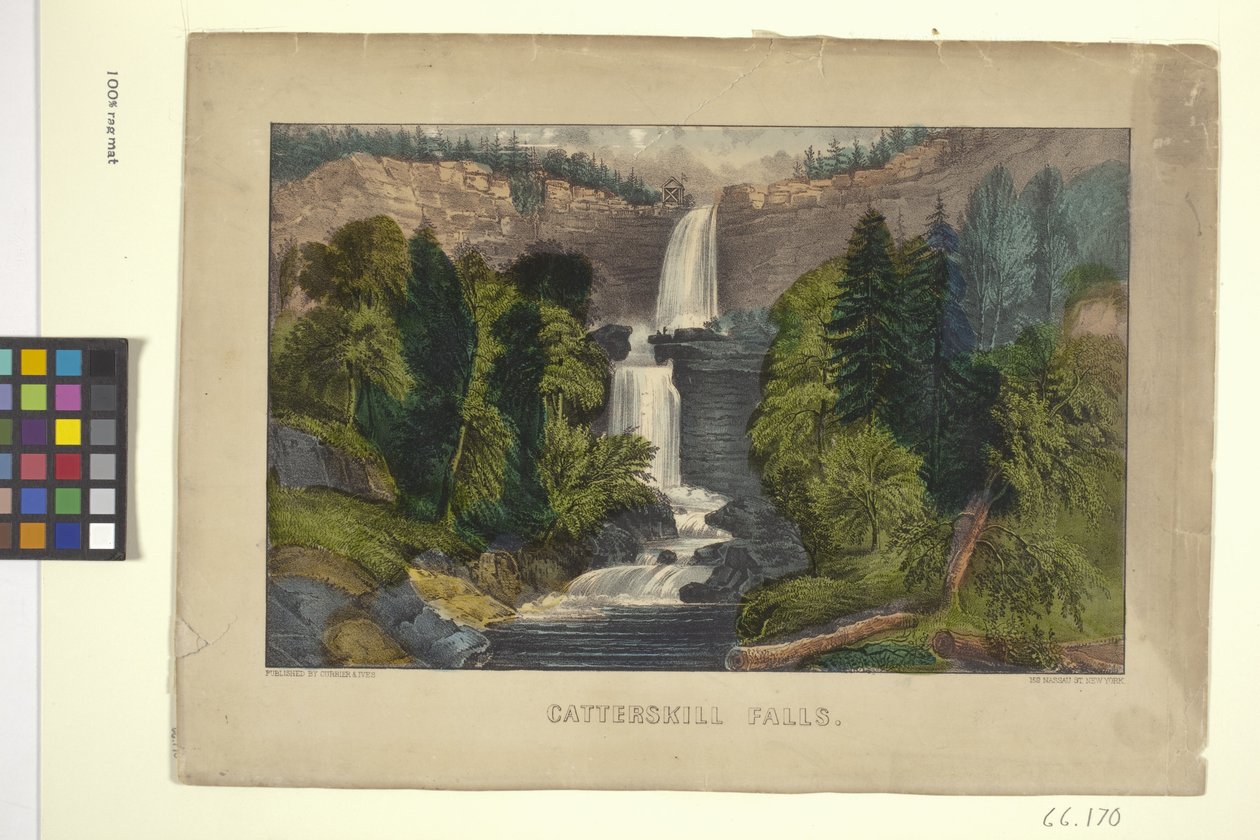 Catterskill Falls (litografía coloreada a mano) de N. and Ives J.M. (1824 95) Currier