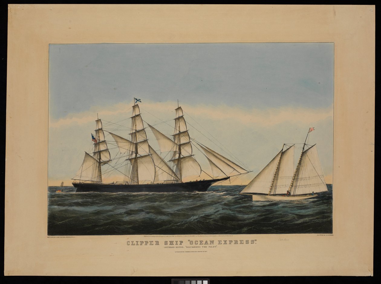 Clipper Ocean Express con destino al exterior "descargando al piloto" de N. and Ives J.M. (1824 95) Currier