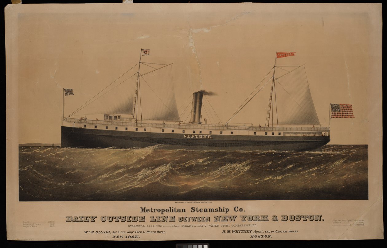 Metropolitan Steamship Co. línea exterior diaria entre Nueva York y Boston... Neptune (litografía, coloreada) de N. and Ives J.M. (1824 95) Currier