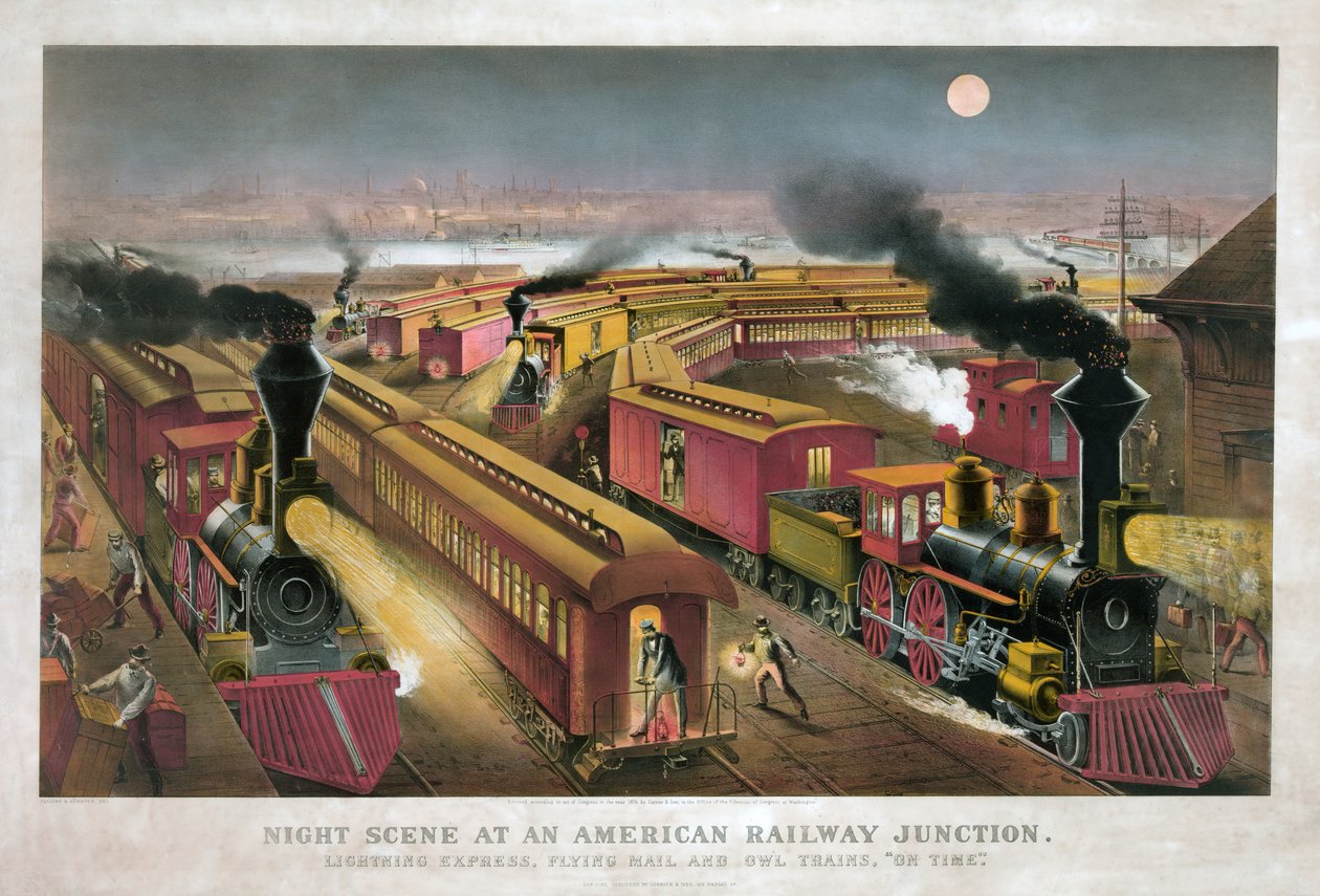 Escena nocturna en un cruce ferroviario americano de Currier and Ives