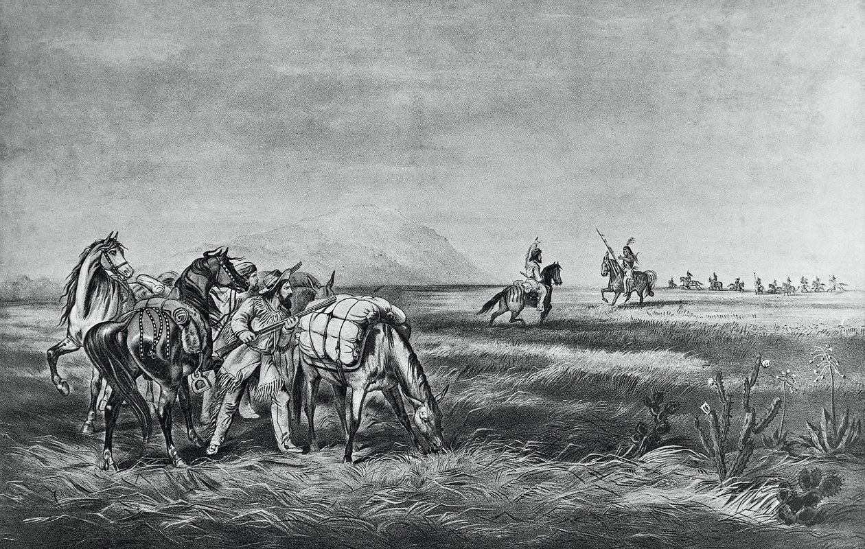 Paz o guerra, Encuentro entre los indios y cazadores blancos, publicado por Colin Simkin de Currier and Ives