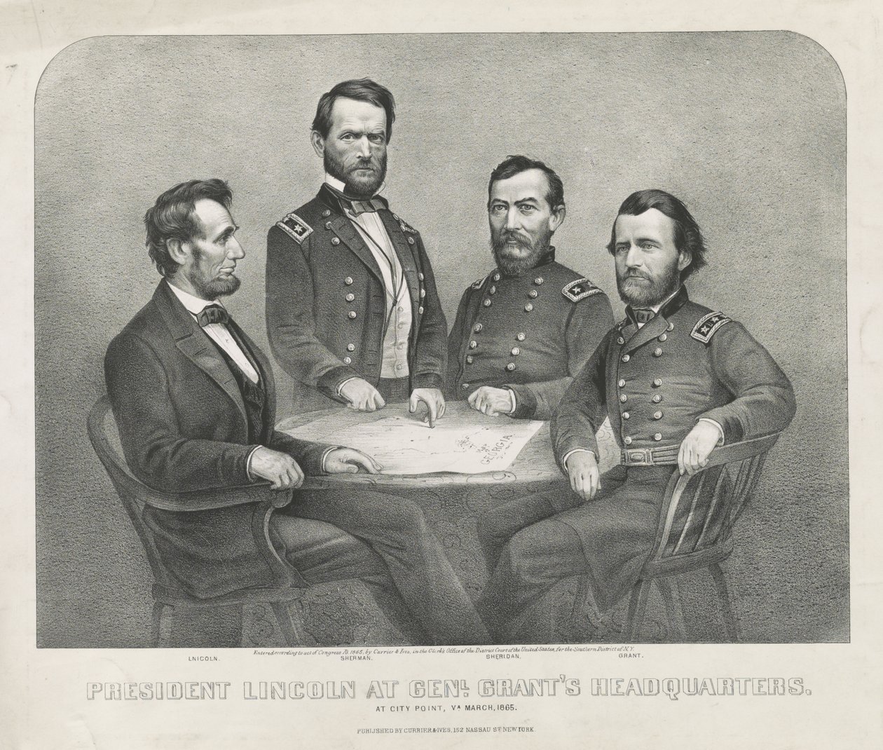 El Presidente Lincoln en el Cuartel General del General Grant, c.1865 de Currier and Ives
