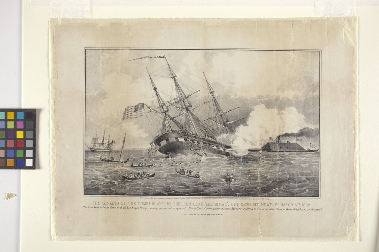 Hundimiento del Cumberland por el acorazado de hierro "Merrimac" (litografía) de N. and Ives J.M. (1824-95) Currier