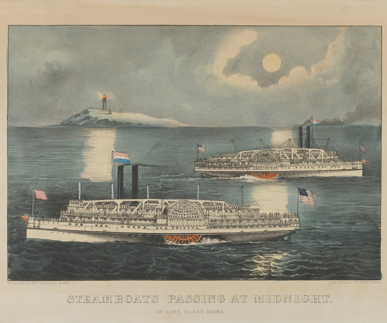 Barcos de vapor pasando a medianoche en Long Island Sound de Currier and Ives