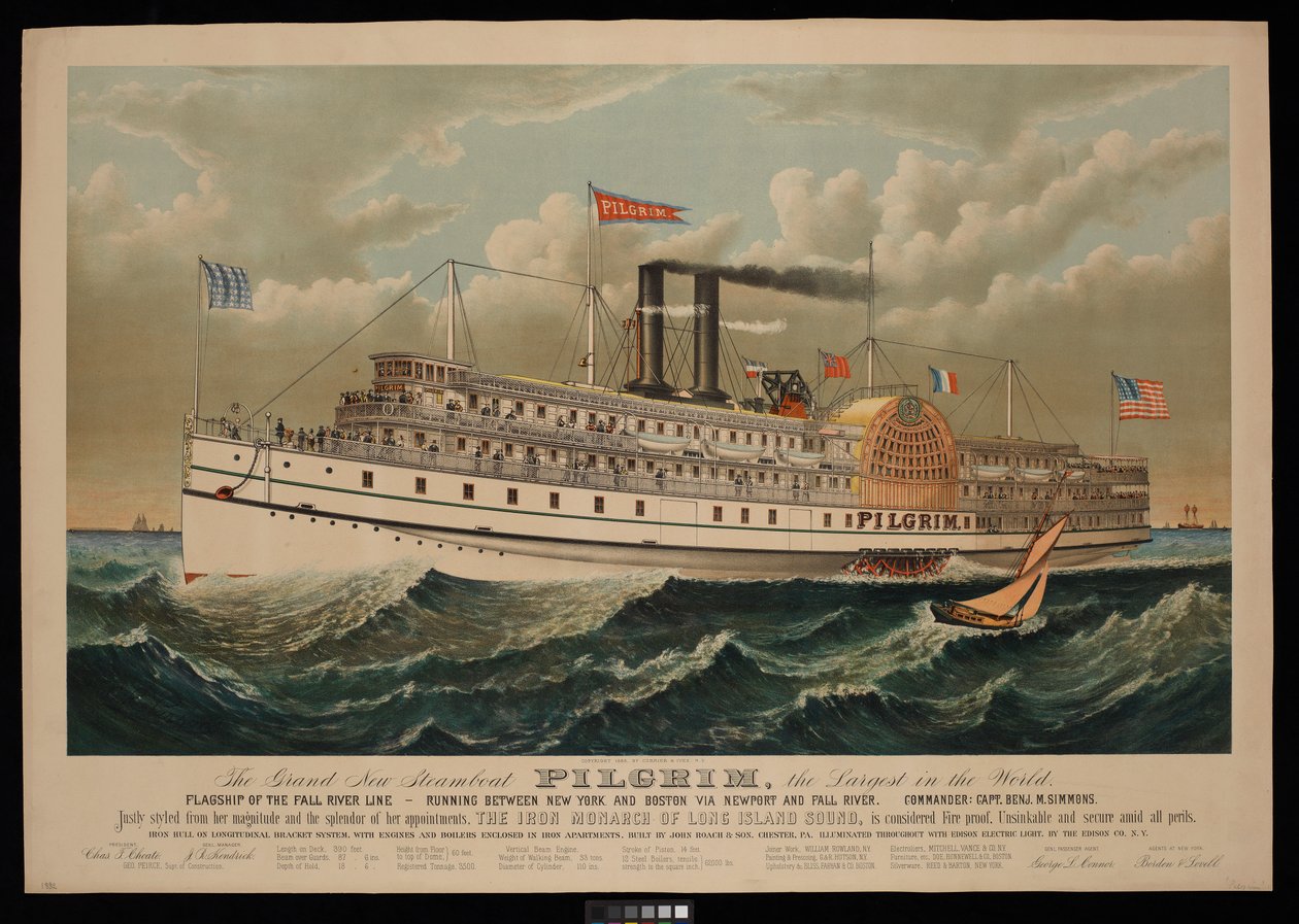 El nuevo gran barco de vapor Pilgrim, el más grande del mundo. Buque insignia de la Fall River Line, que navega entre Nueva York y Boston vía Newport y Fall River. de N. and Ives J.M. (1824 95) Currier