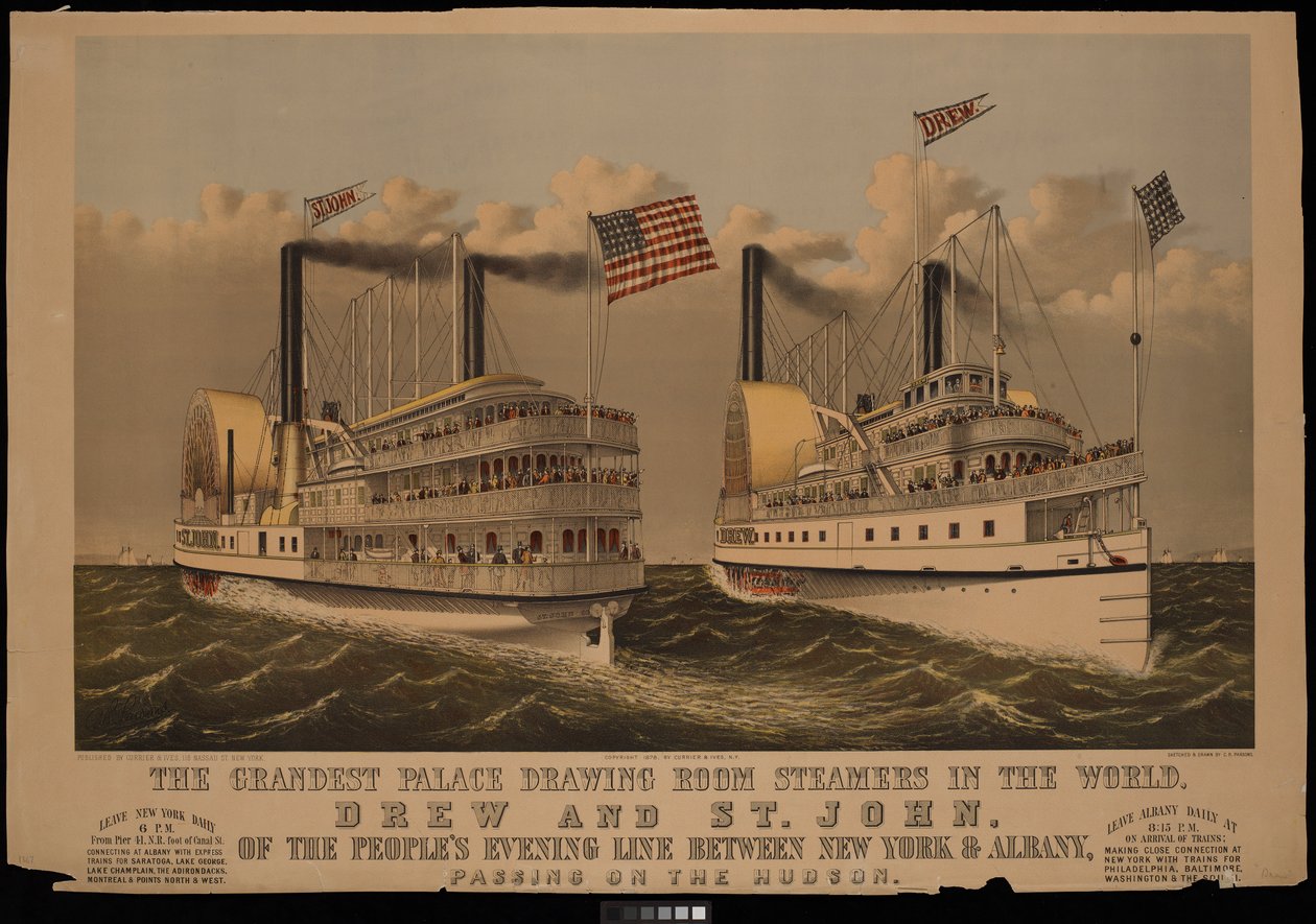 Los vapores de salón más grandes del mundo, Drew y St John de la Peoples Evening Line entre Nueva York y Albany... de N. and Ives J.M. (1824 95) Currier