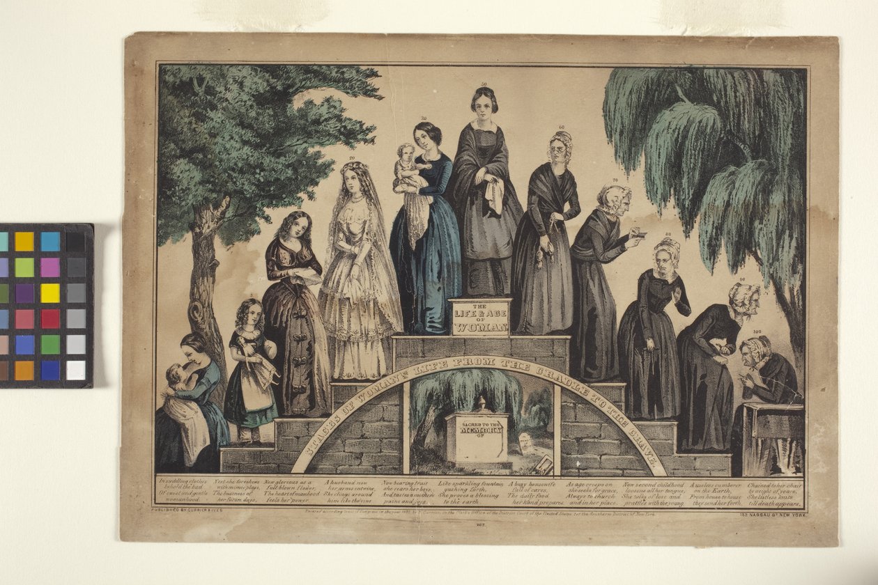 La vida y la edad de la mujer/Etapas de la vida de la mujer desde la cuna hasta la tumba (litografía coloreada a mano) de N. and Ives J.M. (1824 95) Currier