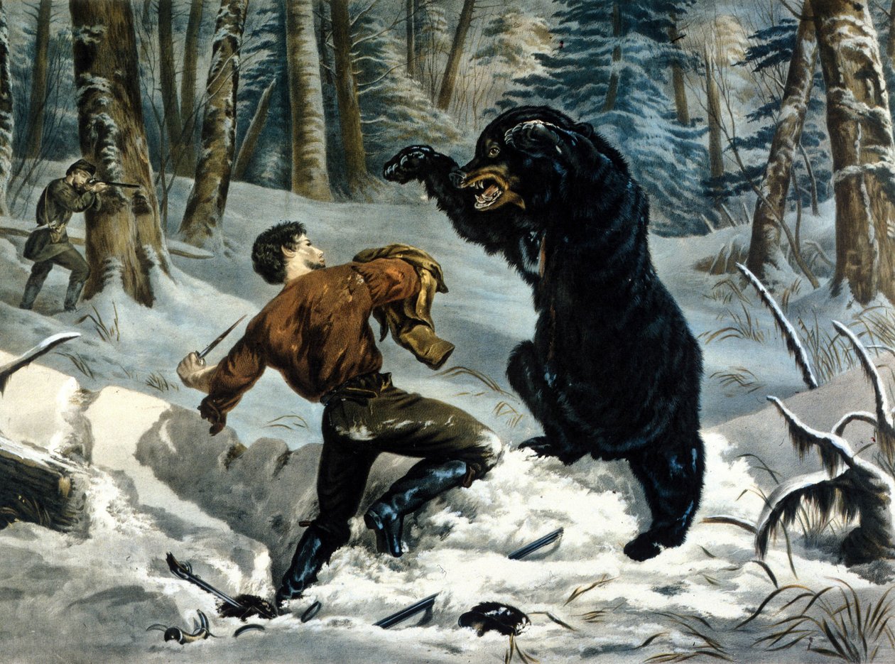 La vida de los tramperos (cazadores profesionales) en Canadá: un cazador es atacado por un oso grizzly. Ilustración de Yves y Currier. de Currier and Ives