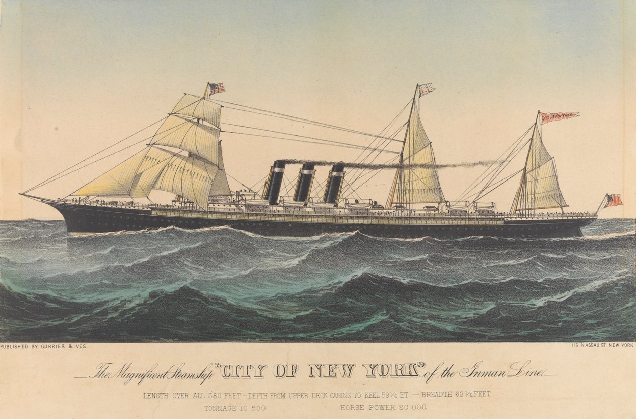 El magnífico buque de vapor "City of New York" de la Inman Line, finales del siglo XIX (litografía, coloreada) de N. and Ives J.M. (1824 95) Currier
