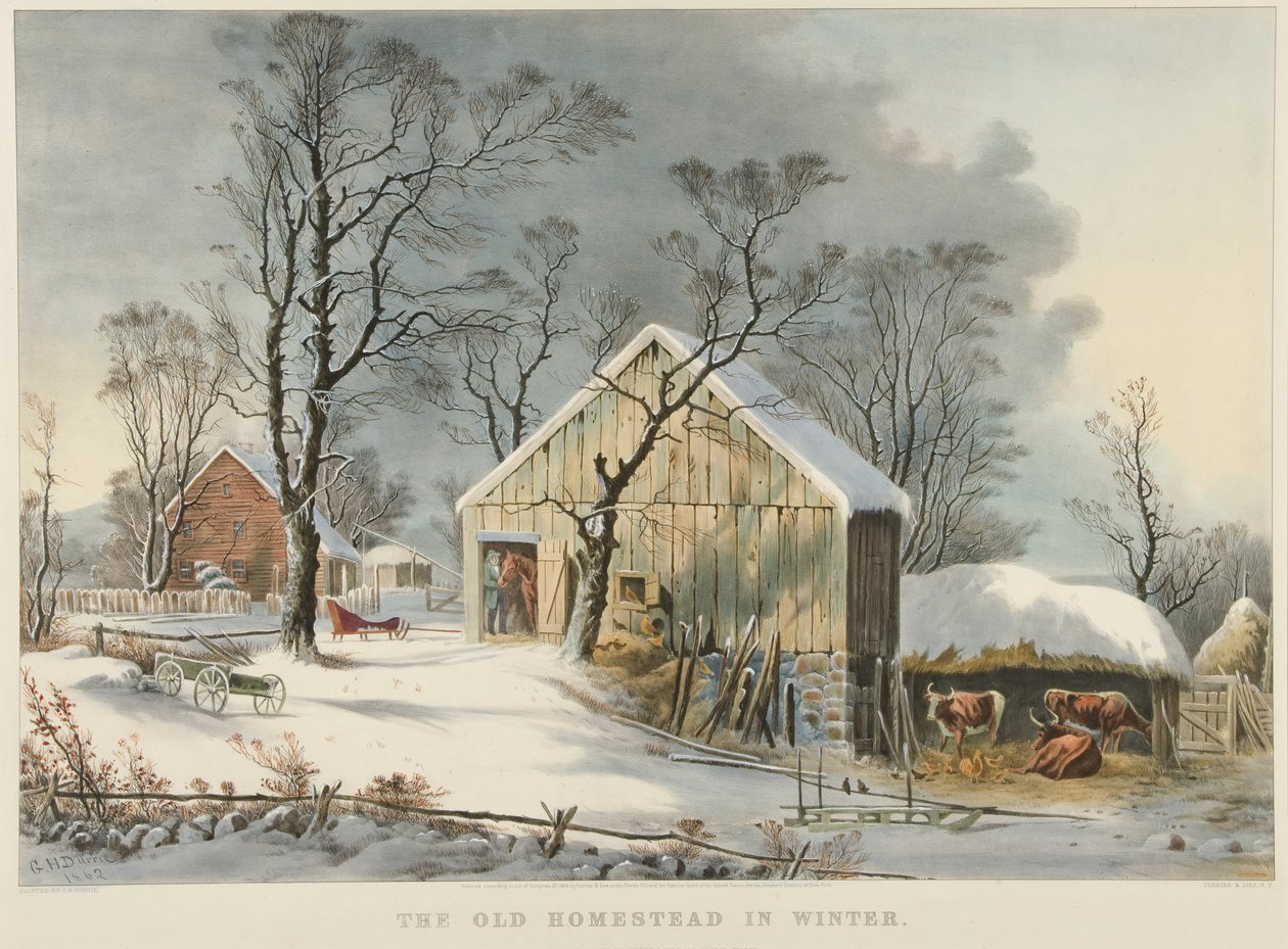 La vieja casa en invierno de Currier and Ives